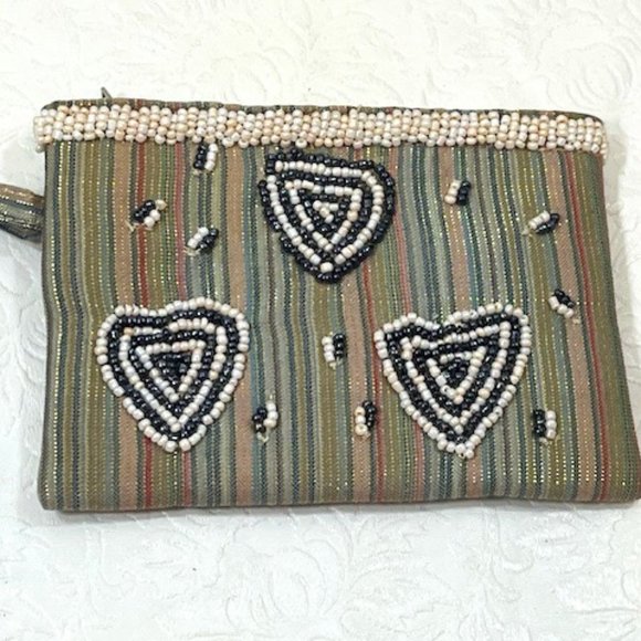 Handmade Beaded Hearts Striped Metallic Fabric Purse Pouch Bag 5.5"x3.75" - Picture 1 of 7